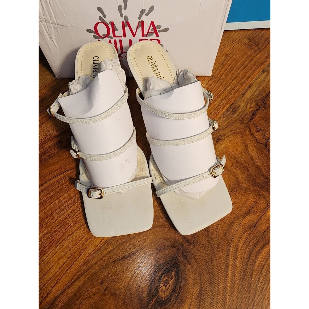 Olivia Miller Womens 8M Bone White Block Heel Square Toe Multi Strap OMRA-8647